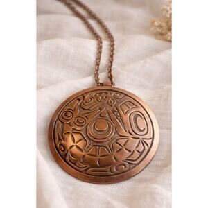 Vintage Solid Copper Northwest Coast Style Raven Sun Pendant Necklace
